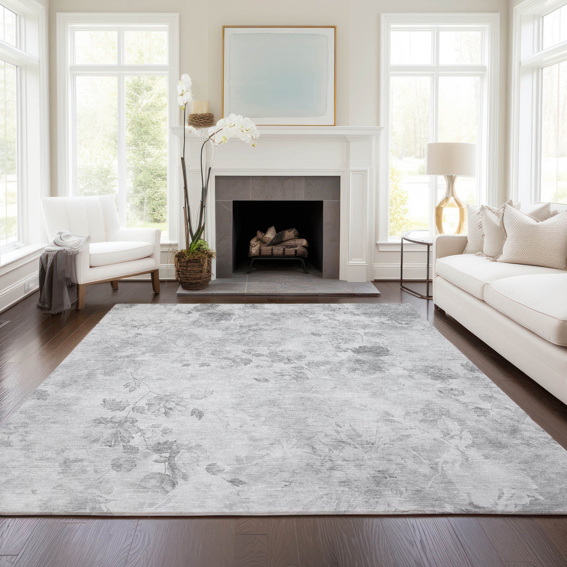 9' X 12' Gray Charcoal And Silver Floral Washable Indoor Outdoor Area Rug-7