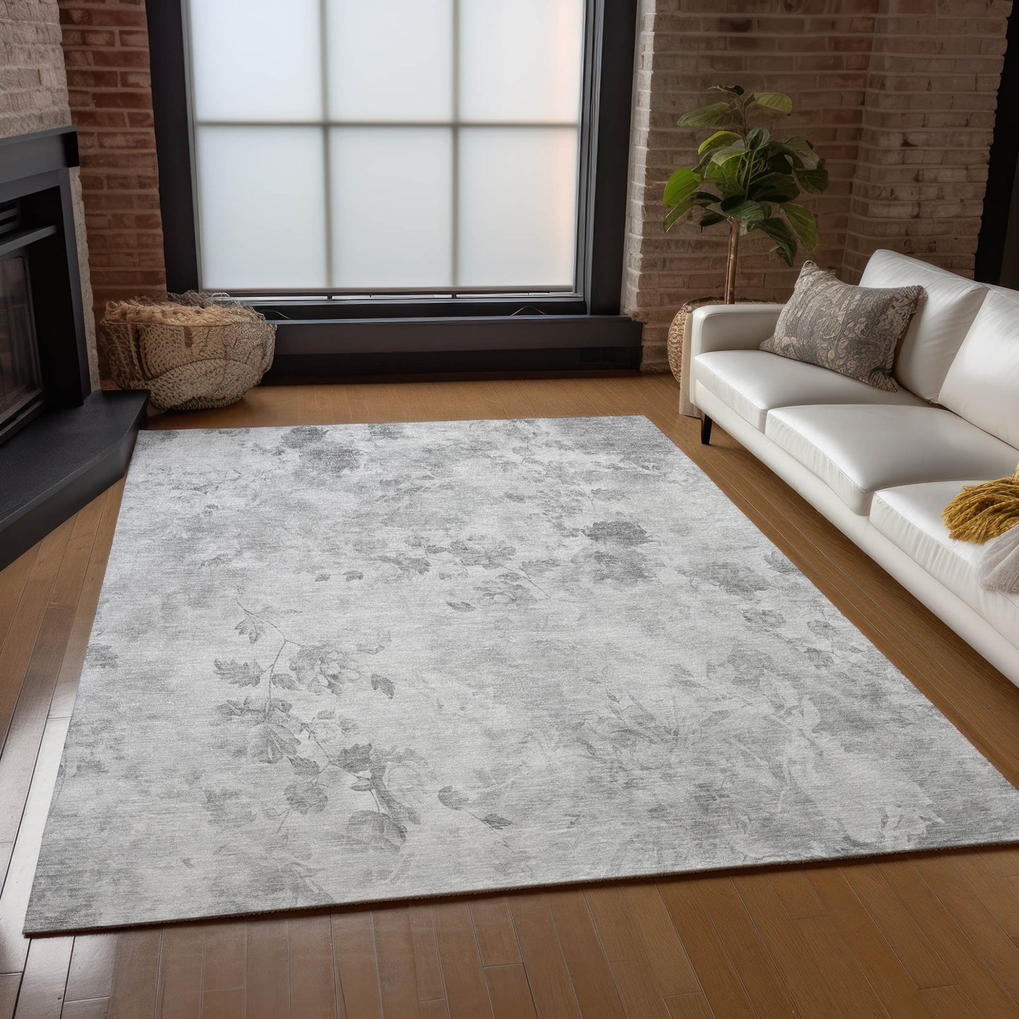 9' X 12' Gray Charcoal And Silver Floral Washable Indoor Outdoor Area Rug-8