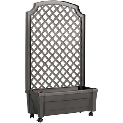 Outdoor Self-Watering Garden Planter with Trellis and Wheels in Grey Plastic-0
