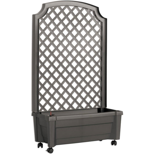 Outdoor Self-Watering Garden Planter with Trellis and Wheels in Grey Plastic-0