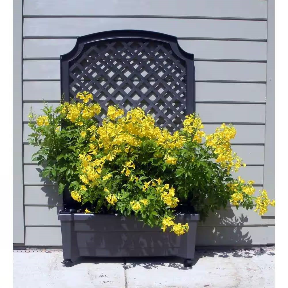 Outdoor Self-Watering Garden Planter with Trellis and Wheels in Grey Plastic-1